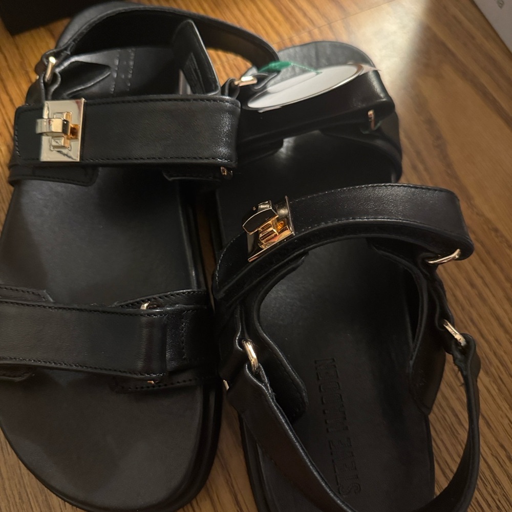Steve Madden Black Leather Sandals with Gold Buckle